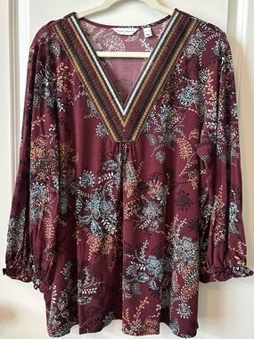 Susan Graver XL Floral Boho Tunic Blouse Burgundy V Neck 3/4 Sleeve NWT